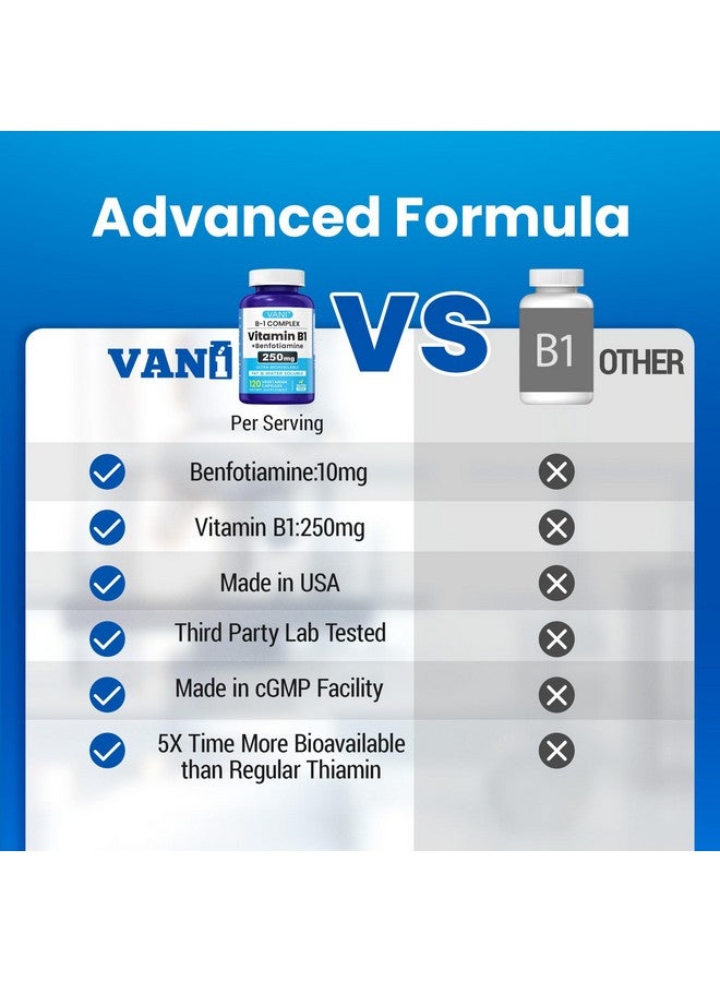 VANI 250mg Vitamin B1 with Benfotiamine, Complex 2 in 1 Enhanced Formula -Fat & Water Soluble Thiamine B1 Supplement | 120 Capsules | Gluten Free - Image 5