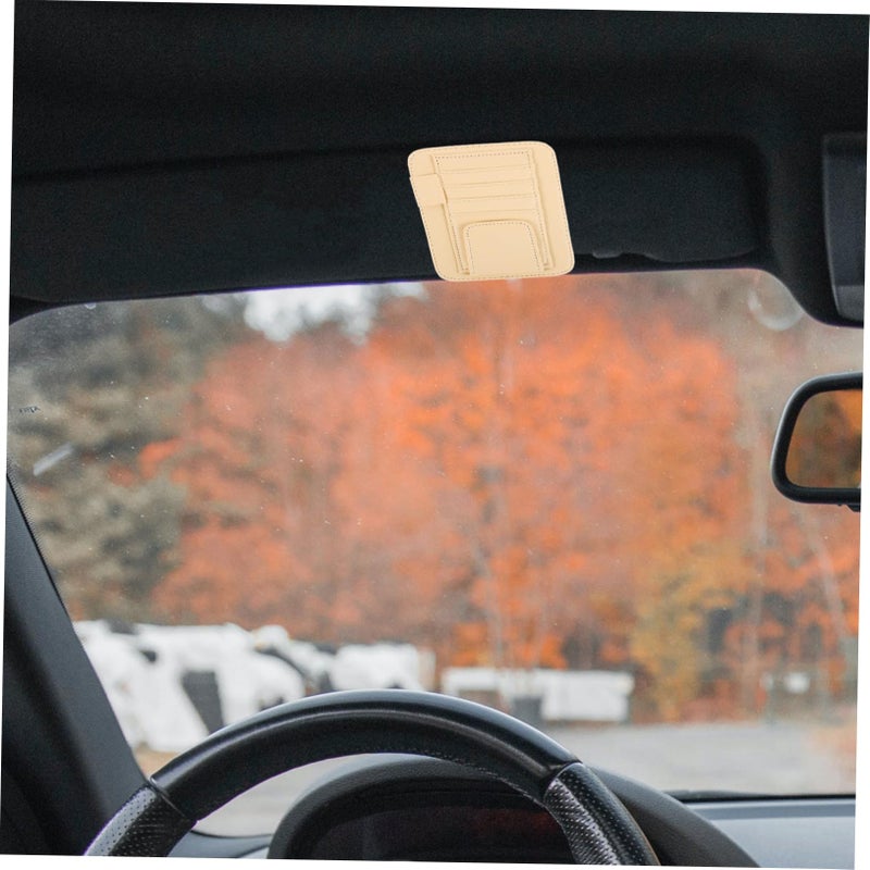 Leather Car Visor Organizer with Pockets for Sunglasses Documents Pens Beige - Image 5