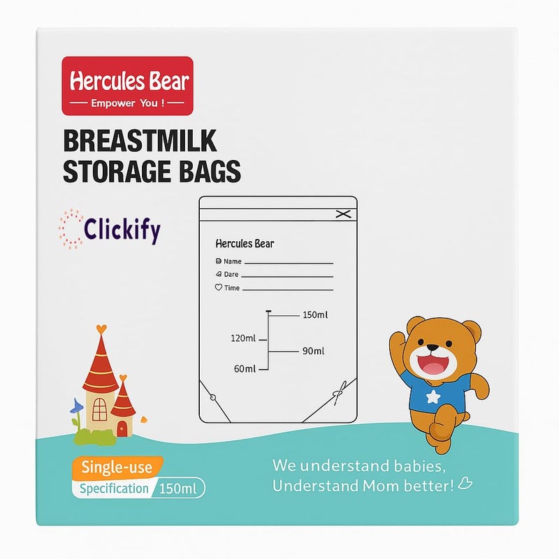 Clickify Breast Milk Storage Bags Pre-Sterilized Smart Temp Sensor Single Use BPA Free Leak Proof Double Zip Separate Fill Pour Spouts 150 ml (Storage Bag 30) - Image 2