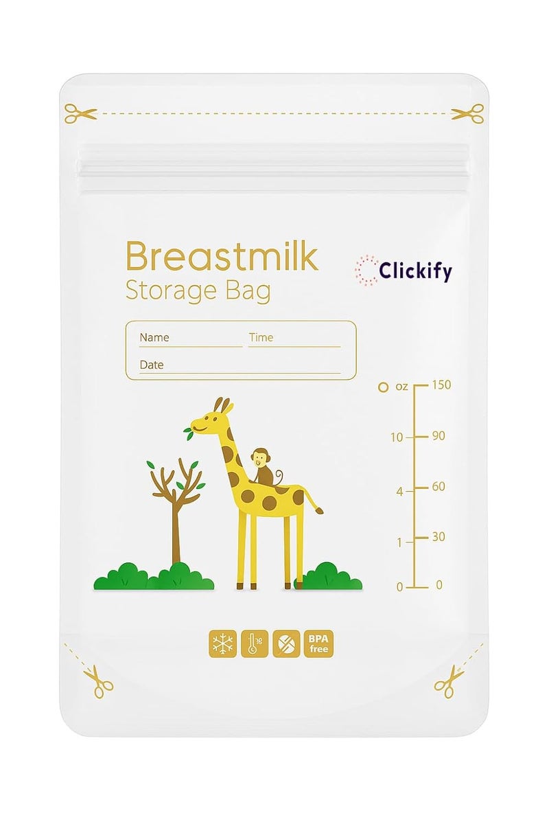 Clickify Breast Milk Storage Bags Pre-Sterilized Smart Temp Sensor Single Use BPA Free Leak Proof Double Zip Separate Fill Pour Spouts 150 ml (Storage Bag 30) - Image 1