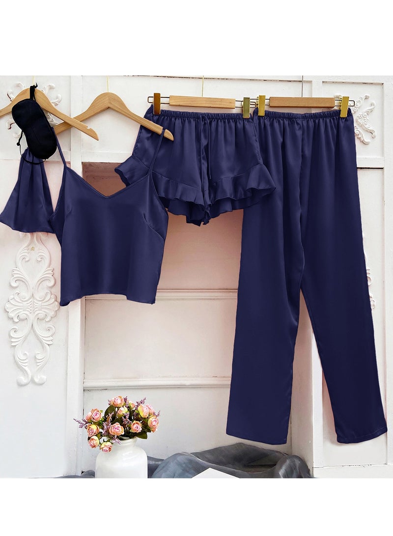 Loquat Women's Imitation Silk Solid Color 5-Piece Set Nightgown Sleepwear Set Soft Loungewear Pajamas Suit Navy Blue 
