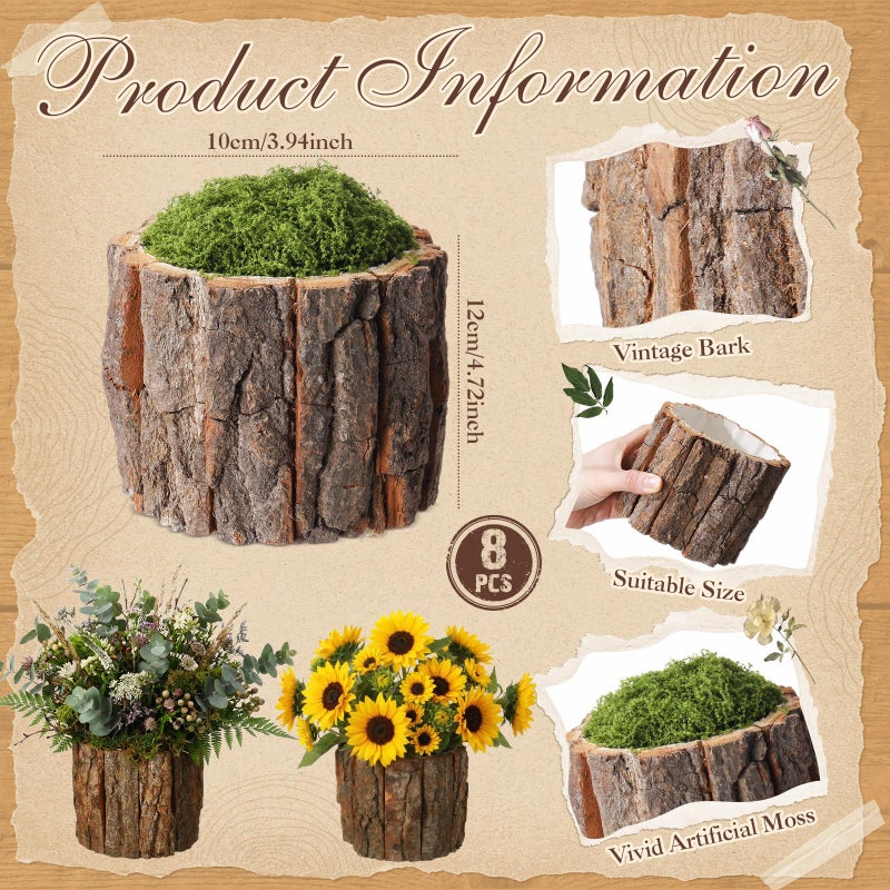 RimCereal 8 Set Wooden Vase for Centerpieces Wooden Flower Vase with Fake Green Moss Rustic Bark Stump Buckets Vintage Wood Planter Pots for Woodland Party Wedding Window Home Farmhouse Table Decor - Image 2