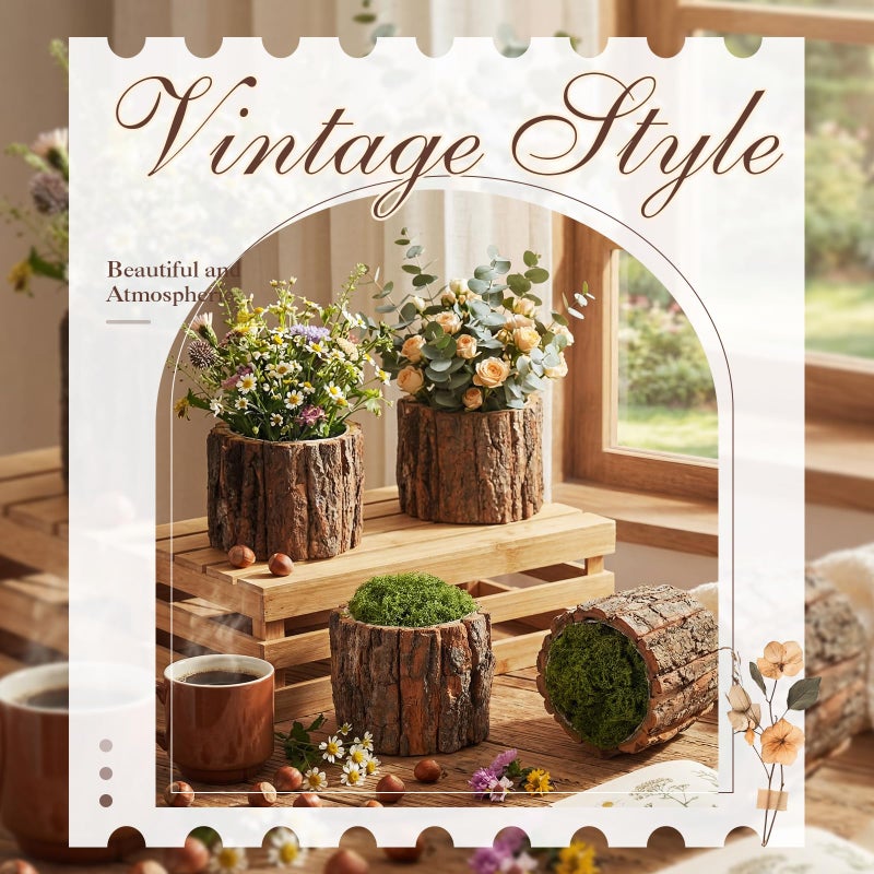 RimCereal 8 Set Wooden Vase for Centerpieces Wooden Flower Vase with Fake Green Moss Rustic Bark Stump Buckets Vintage Wood Planter Pots for Woodland Party Wedding Window Home Farmhouse Table Decor - Image 4