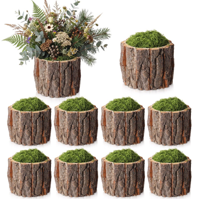 RimCereal 8 Set Wooden Vase for Centerpieces Wooden Flower Vase with Fake Green Moss Rustic Bark Stump Buckets Vintage Wood Planter Pots for Woodland Party Wedding Window Home Farmhouse Table Decor - Image 1