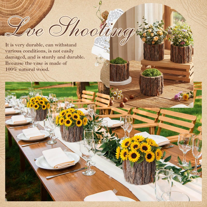 RimCereal 8 Set Wooden Vase for Centerpieces Wooden Flower Vase with Fake Green Moss Rustic Bark Stump Buckets Vintage Wood Planter Pots for Woodland Party Wedding Window Home Farmhouse Table Decor - Image 3