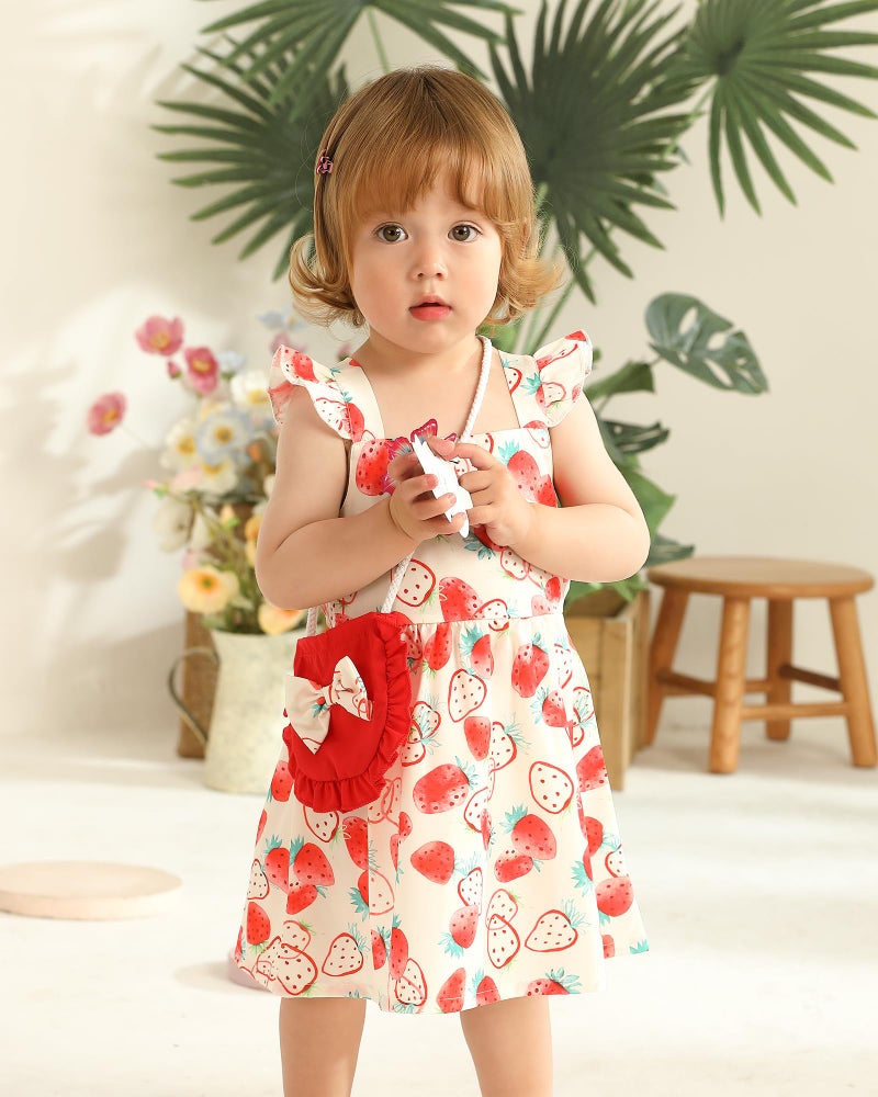 Mioglrie 3-6 Month Girl Clothes Newborn Baby Dress Summer Toddler Girls' Clothing Casual Flutter Sleeve Sundress with Bag Cute Strawberry Red Infant Outfits - Image 3
