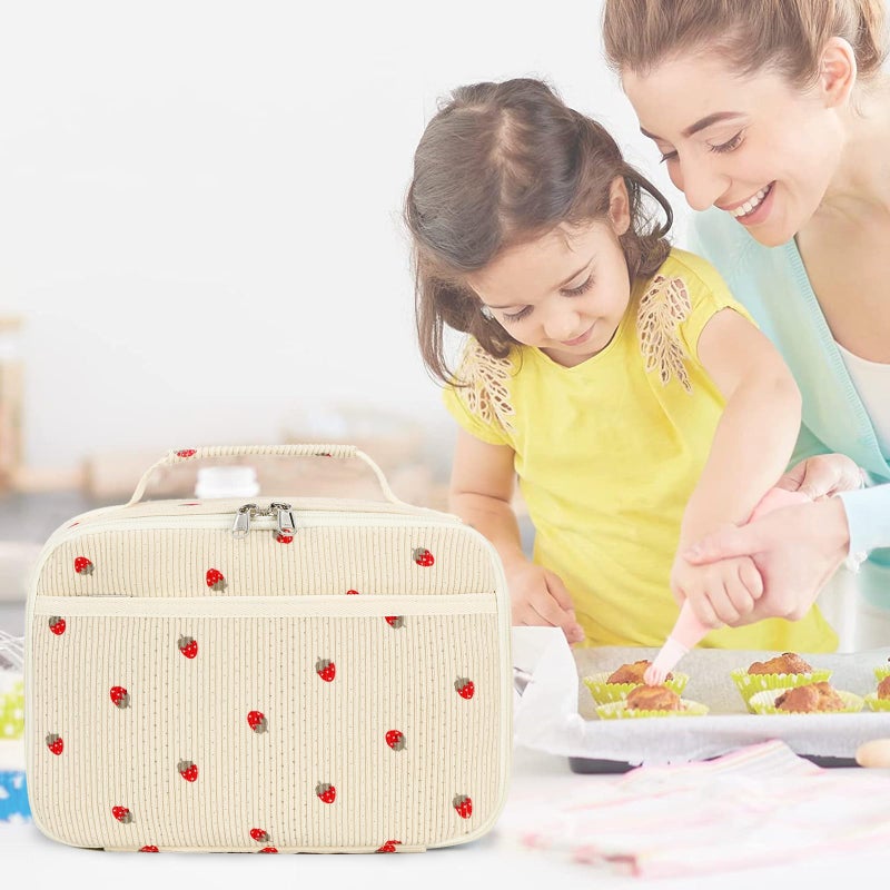 Bluboon Insulated Lunch Bag for Girls & Boys, Corduroy School Lunch Box with Cooler & Organizer Compartments, Leak-Proof Lunch Tote for School, Travel (Corduroy Strawberries Beige) - Image 2