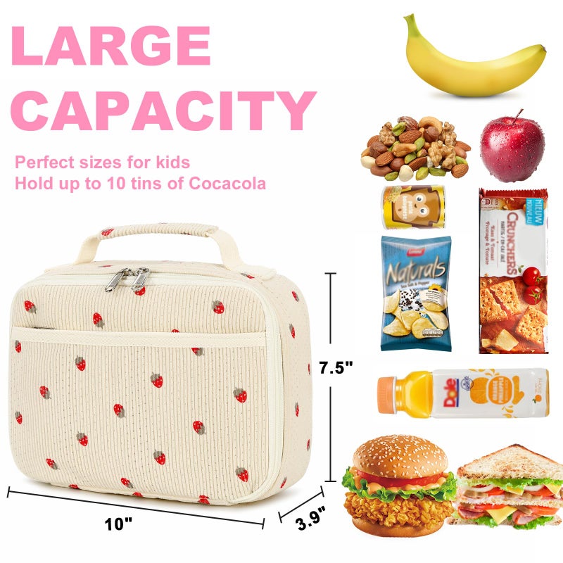 Bluboon Insulated Lunch Bag for Girls & Boys, Corduroy School Lunch Box with Cooler & Organizer Compartments, Leak-Proof Lunch Tote for School, Travel (Corduroy Strawberries Beige) - Image 4