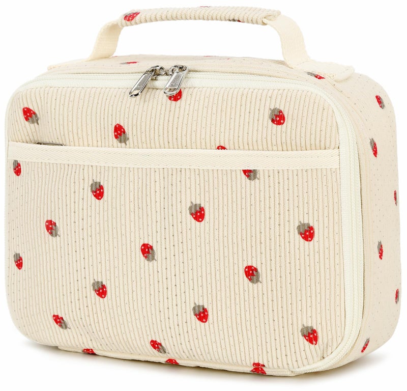Bluboon Insulated Lunch Bag for Girls & Boys, Corduroy School Lunch Box with Cooler & Organizer Compartments, Leak-Proof Lunch Tote for School, Travel (Corduroy Strawberries Beige) - Image 1