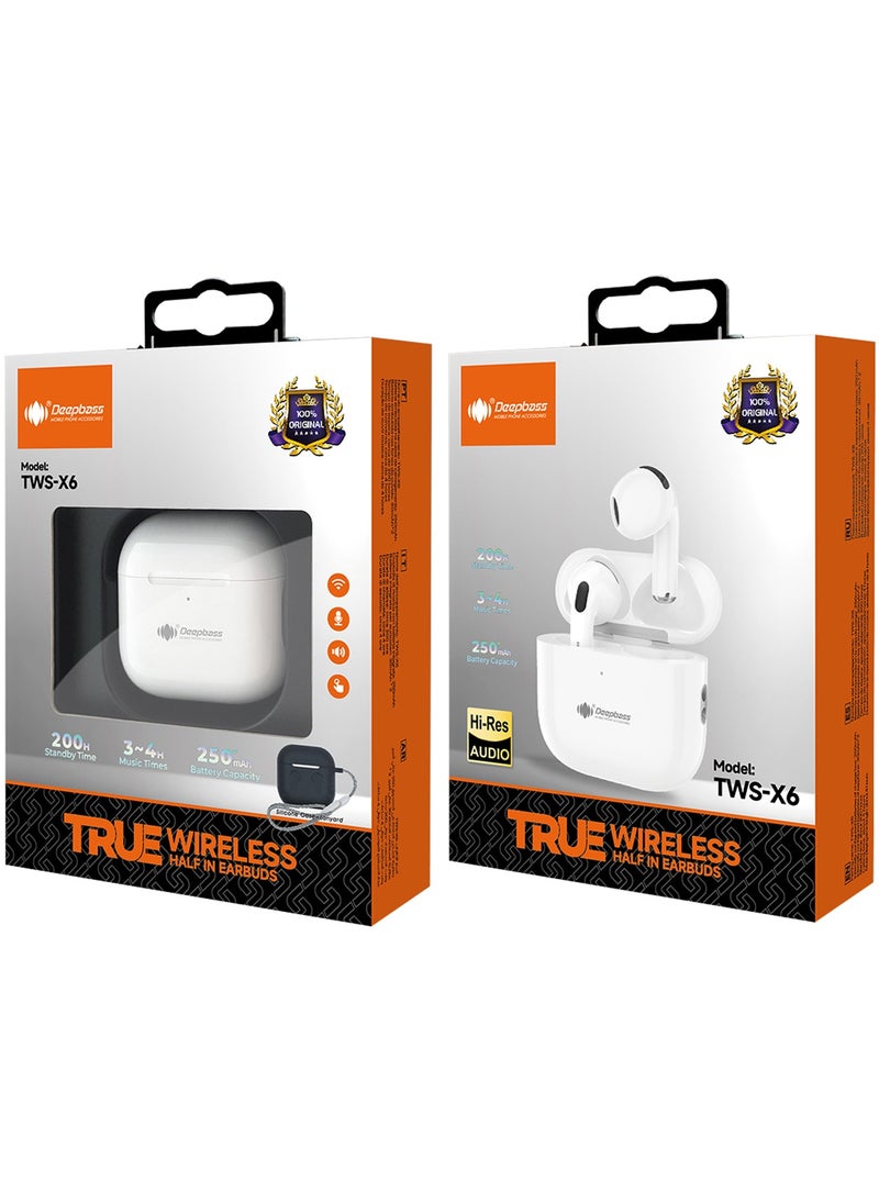 TWS-X6 Hi-Res Audio Wireless Earbuds | 200min Playtime | 20m Bluetooth Range | 400mAh Fast Charge Case - White