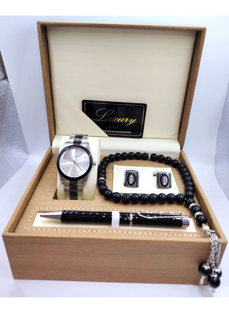 لكجر طقم هدية ساعة رجالية راقية و بجودة عالية ساعة, وقلم, وسبحة, وكبك, سوار فضي وأسود مع ميناء أبيض