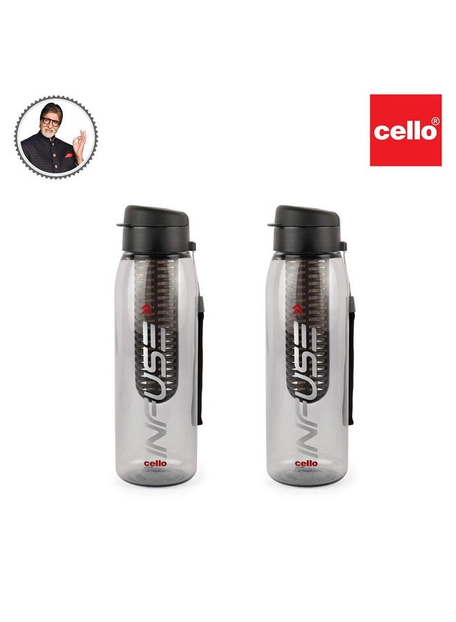 Cello CELLO Infuse Plastic Water Bottle, 800 ml, Black, Set of 2 | Detox Bottle with Infuser Chamber | Leakproof Plastic Bottle with Wide Mouth Opening | Ideal for Gym, Office, Travel - Image 2