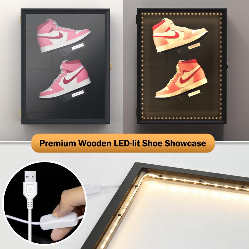 DuvinDD Shoe Display Case with LED Light, Wall Mounted Sneaker Case with 2 Floating Shoe Display Shelves, Clear Shoe Box with Anti-Fade UV Protection Acrylic Door and Lock, 16.5" Wx6 Dx21.5 H - Image 2