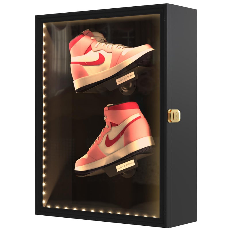 DuvinDD Shoe Display Case with LED Light, Wall Mounted Sneaker Case with 2 Floating Shoe Display Shelves, Clear Shoe Box with Anti-Fade UV Protection Acrylic Door and Lock, 16.5" Wx6 Dx21.5 H - Image 1