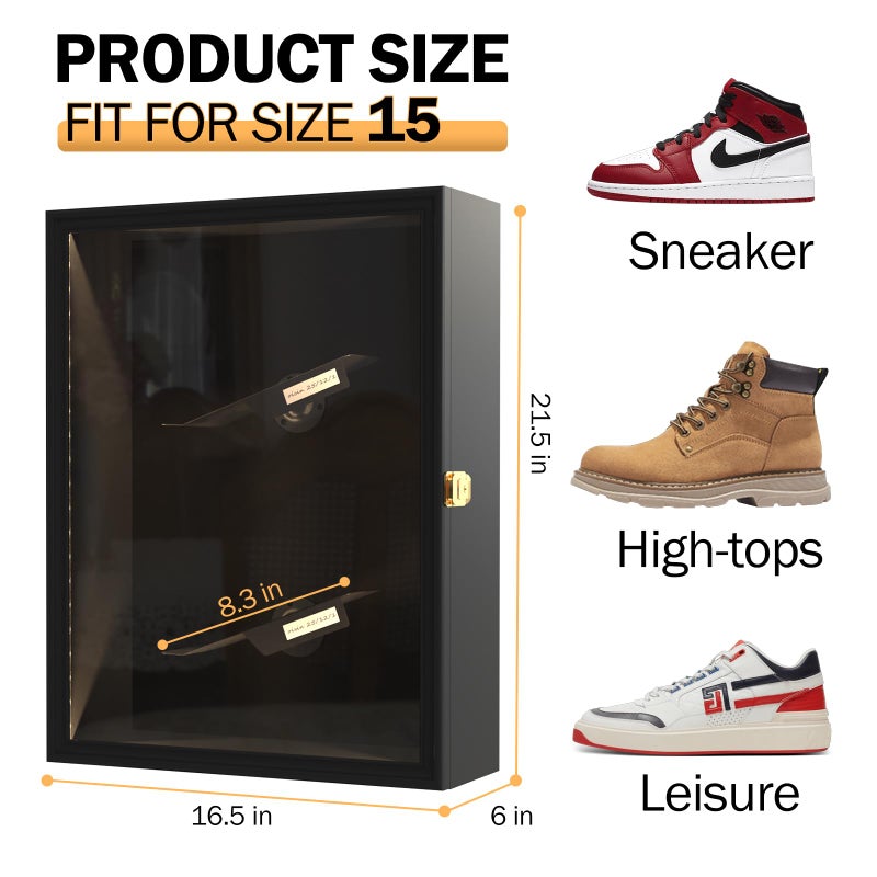DuvinDD Shoe Display Case with LED Light, Wall Mounted Sneaker Case with 2 Floating Shoe Display Shelves, Clear Shoe Box with Anti-Fade UV Protection Acrylic Door and Lock, 16.5" Wx6 Dx21.5 H - Image 3