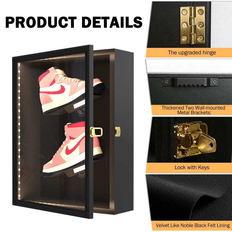 DuvinDD Shoe Display Case with LED Light, Wall Mounted Sneaker Case with 2 Floating Shoe Display Shelves, Clear Shoe Box with Anti-Fade UV Protection Acrylic Door and Lock, 16.5" Wx6 Dx21.5 H - Image 4