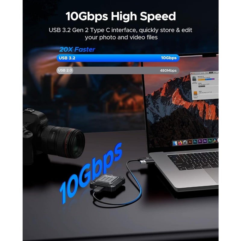 Full Metal M.2 NVMe 2230 SSD Enclosure USB-C 3.2 Gen 2 10Gbps to NVMe PCIe Adapter For iPhone 17/16/15 Pro Pro Max 4K ProRes Recording Aluminum Alloy Body Black - Image 4