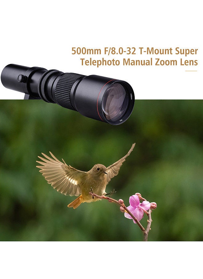 Generic Camera Super Telephoto Lens 500mm F/8.0-32 Manual Zoom T-Mount  + 2X 500mm Teleconverter Lens + T2-EOS Adapter Ring Replacement  - Image 2