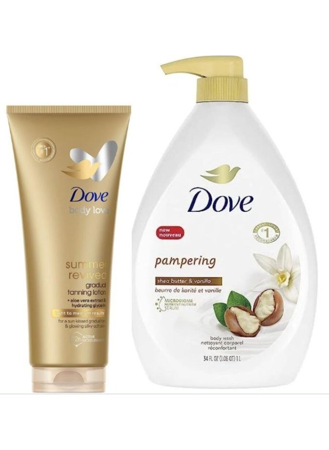 Dove Body Care Set – Summer Revived Gradual Tanning Lotion 200 ML + Shea Butter & Vanilla Pampering Body Wash 1000 ML - Image 1