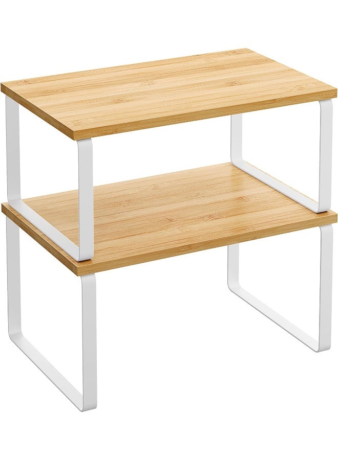 SONGMICS رف التوابل من سونغميكس، مجموعة من 2 منظم رفوف الخزائن، منظم رف المطبخ القابل للتوسيع، حامل التوابل القابل للتكديس، معدني وخشب مصنّع، أبيض وطبيعي - Image 1