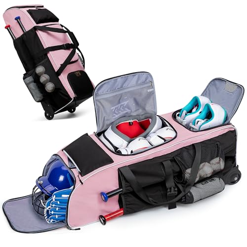 GOBUROS Rolling Baseball Bag with Wheels for 4 Bats, Softball Equipment Bags with Shoe Compartment and Glove Pocket, Large Baseball Catchers Gear Bag with Hook, Pink - Image 1