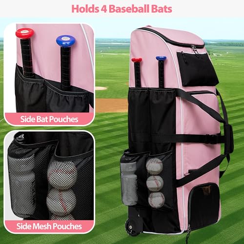 GOBUROS Rolling Baseball Bag with Wheels for 4 Bats, Softball Equipment Bags with Shoe Compartment and Glove Pocket, Large Baseball Catchers Gear Bag with Hook, Pink - Image 2