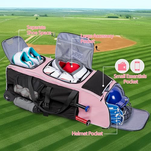 GOBUROS Rolling Baseball Bag with Wheels for 4 Bats, Softball Equipment Bags with Shoe Compartment and Glove Pocket, Large Baseball Catchers Gear Bag with Hook, Pink - Image 3