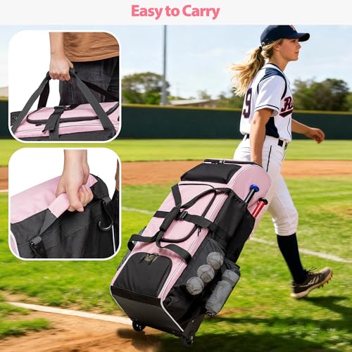 GOBUROS Rolling Baseball Bag with Wheels for 4 Bats, Softball Equipment Bags with Shoe Compartment and Glove Pocket, Large Baseball Catchers Gear Bag with Hook, Pink - Image 5
