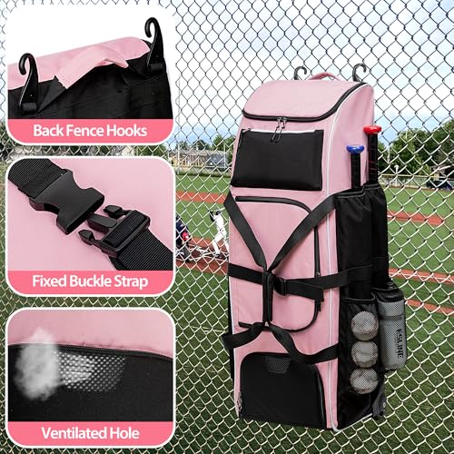 GOBUROS Rolling Baseball Bag with Wheels for 4 Bats, Softball Equipment Bags with Shoe Compartment and Glove Pocket, Large Baseball Catchers Gear Bag with Hook, Pink - Image 4