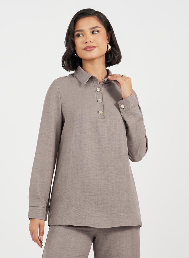 Styli Button Placket Longline Shirt & Wide Leg Pants Modest Set  - Image 2