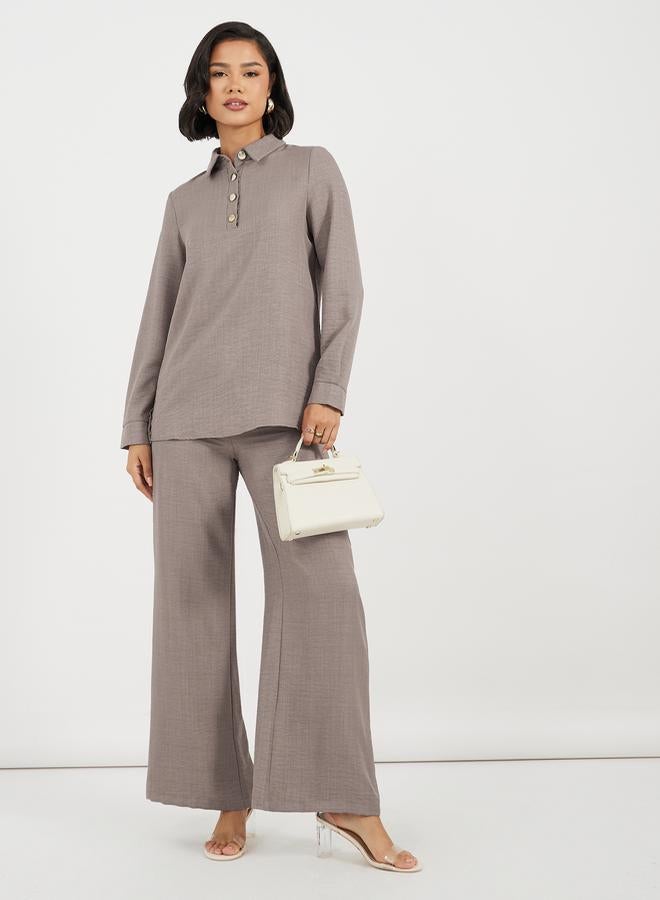 Styli Button Placket Longline Shirt & Wide Leg Pants Modest Set  - Image 1