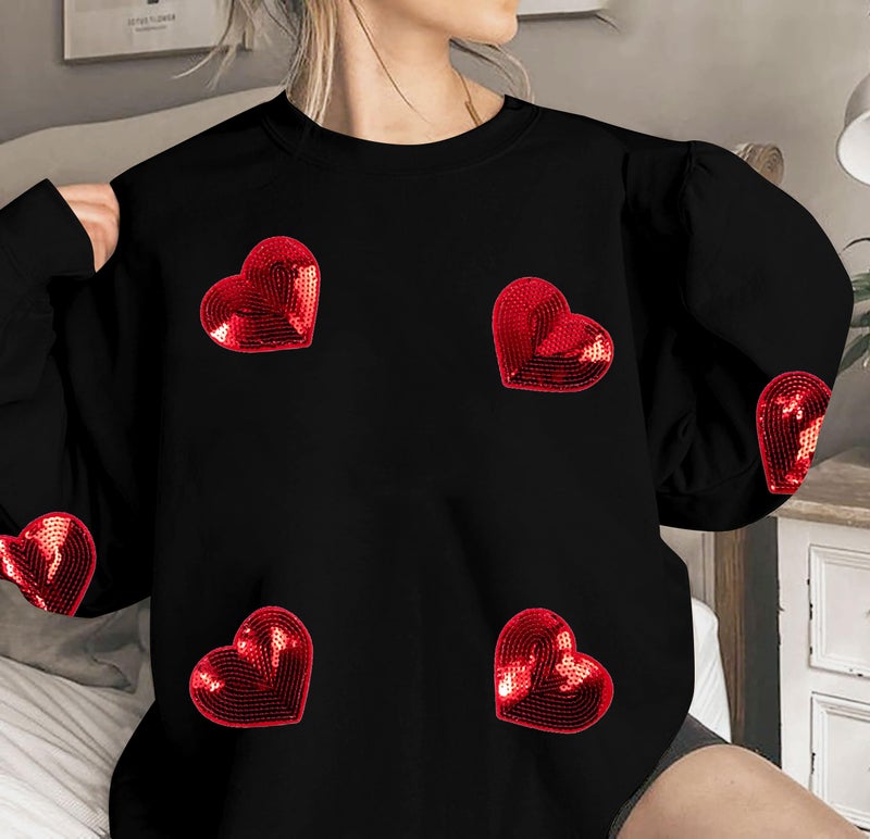 MAXIMGR Valentines Sweatshirt Women Teacher Valentine Shirts sequin Love Heart Graphic Tee Valentine's Day Gift Pullover Black - Image 2