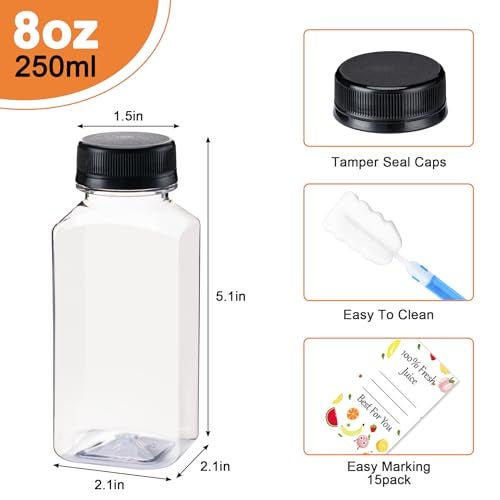 BOOMIBOO Juice Bottles with Caps15Pcs 8oz, Plastic Bottles with Caps, Clear Reusable Water Bottle, Juice Containers - with 15Pcs Labels & Bottle Brush - Image 2