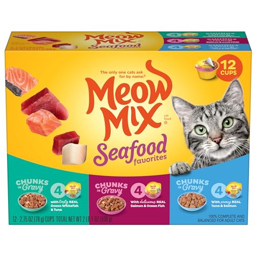 Meow Mix Seafood Favorites Chunks in Gravy Wet Cat Food Variety Pack, 2.75 Ounce (Pack of 12) - Image 1
