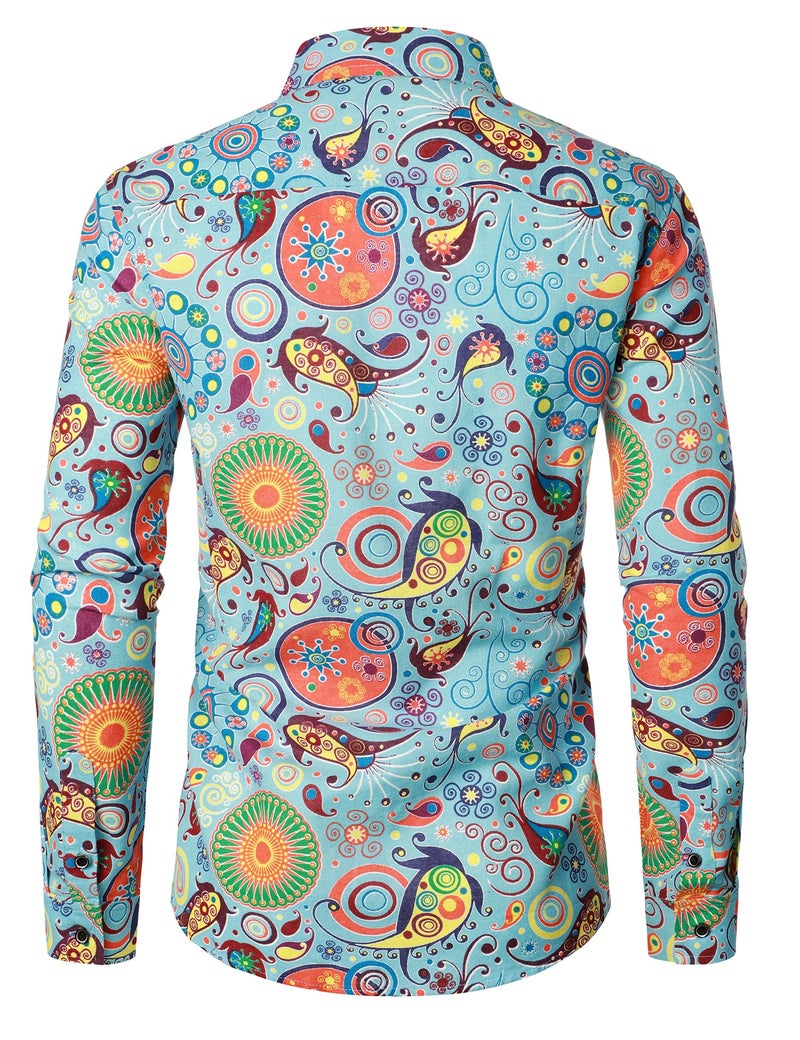 PARKLEES Men's Linen 70s Hippie Traditional Style Pattern Printed Long Sleeve Button up Shirt Sky Blue Large - Image 3