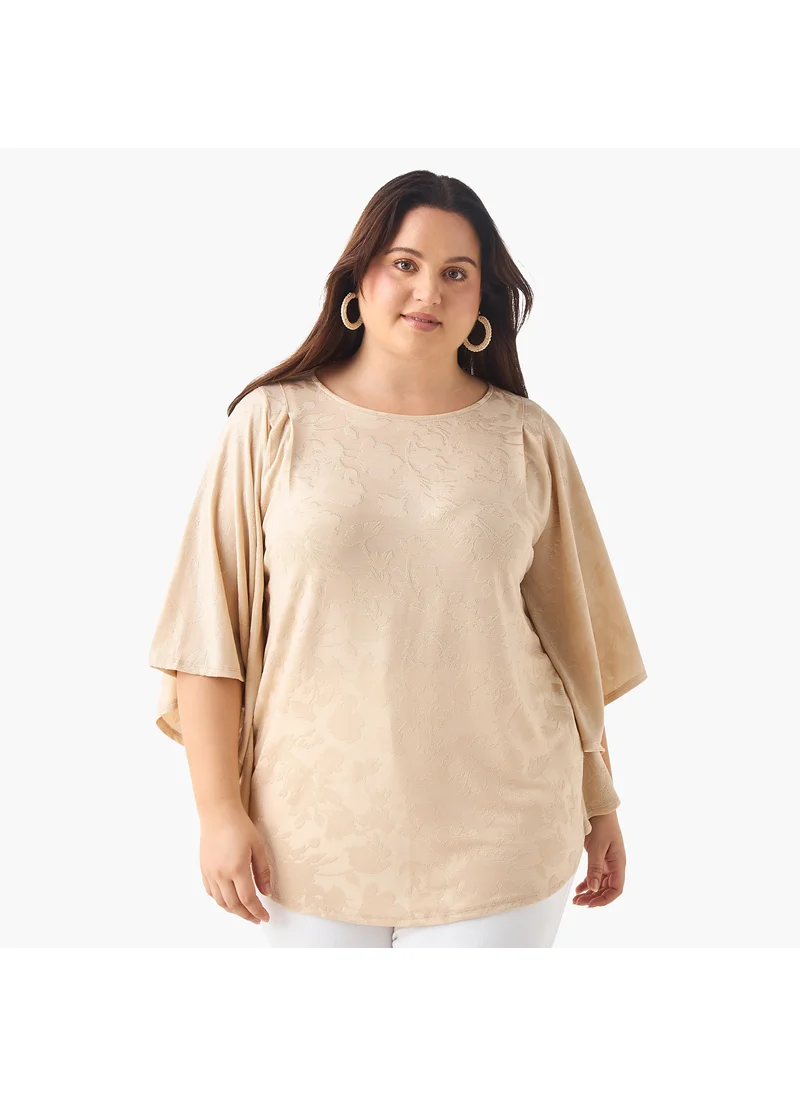Ulla Popken Plus Size Ulla Popken Textured Top with Round Neck and 3/4 Sleeves