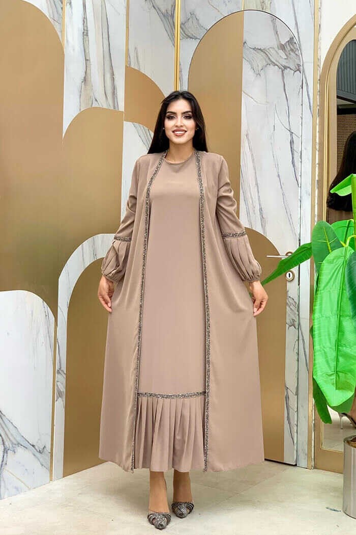 Bym Fashion Bym Stone Detailed Abaya Zero Sleeve Dress Set 3657 Mink  - Image 1