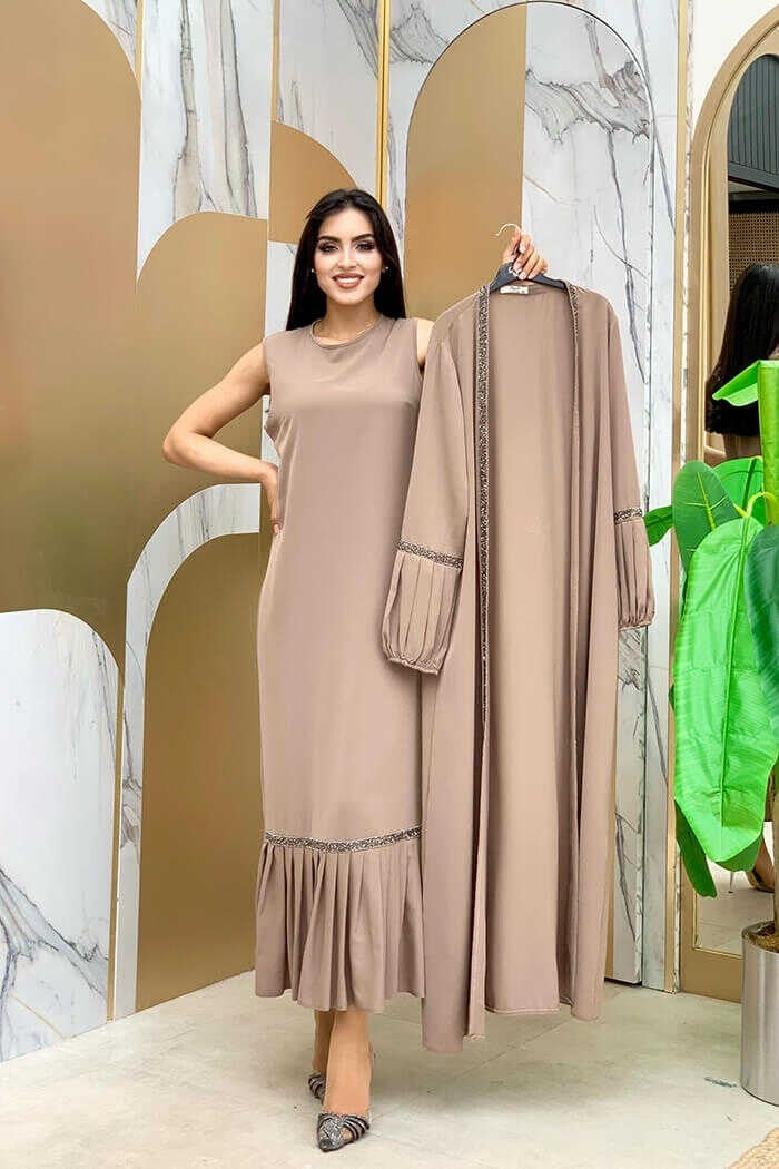 Bym Fashion Bym Stone Detailed Abaya Zero Sleeve Dress Set 3657 Mink  - Image 2