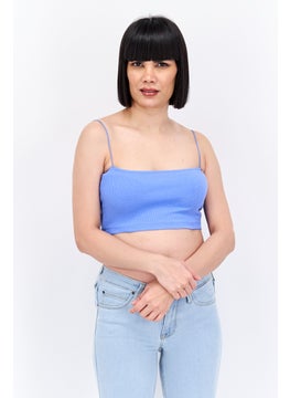 Women Square Neck Sleeveless Ribbed Crop Top, Blue