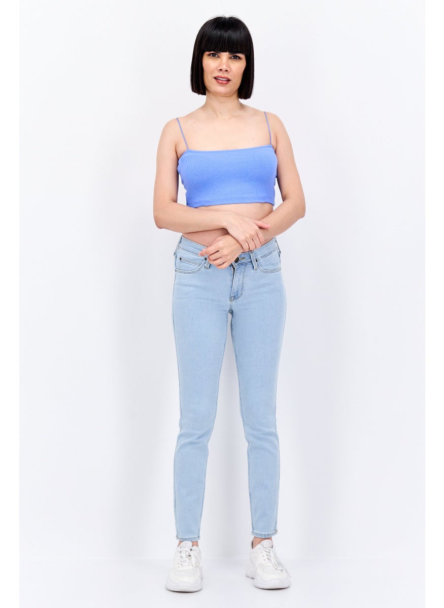 UNDIZ - Women Square Neck Sleeveless Ribbed Crop Top, Blue - Image 1