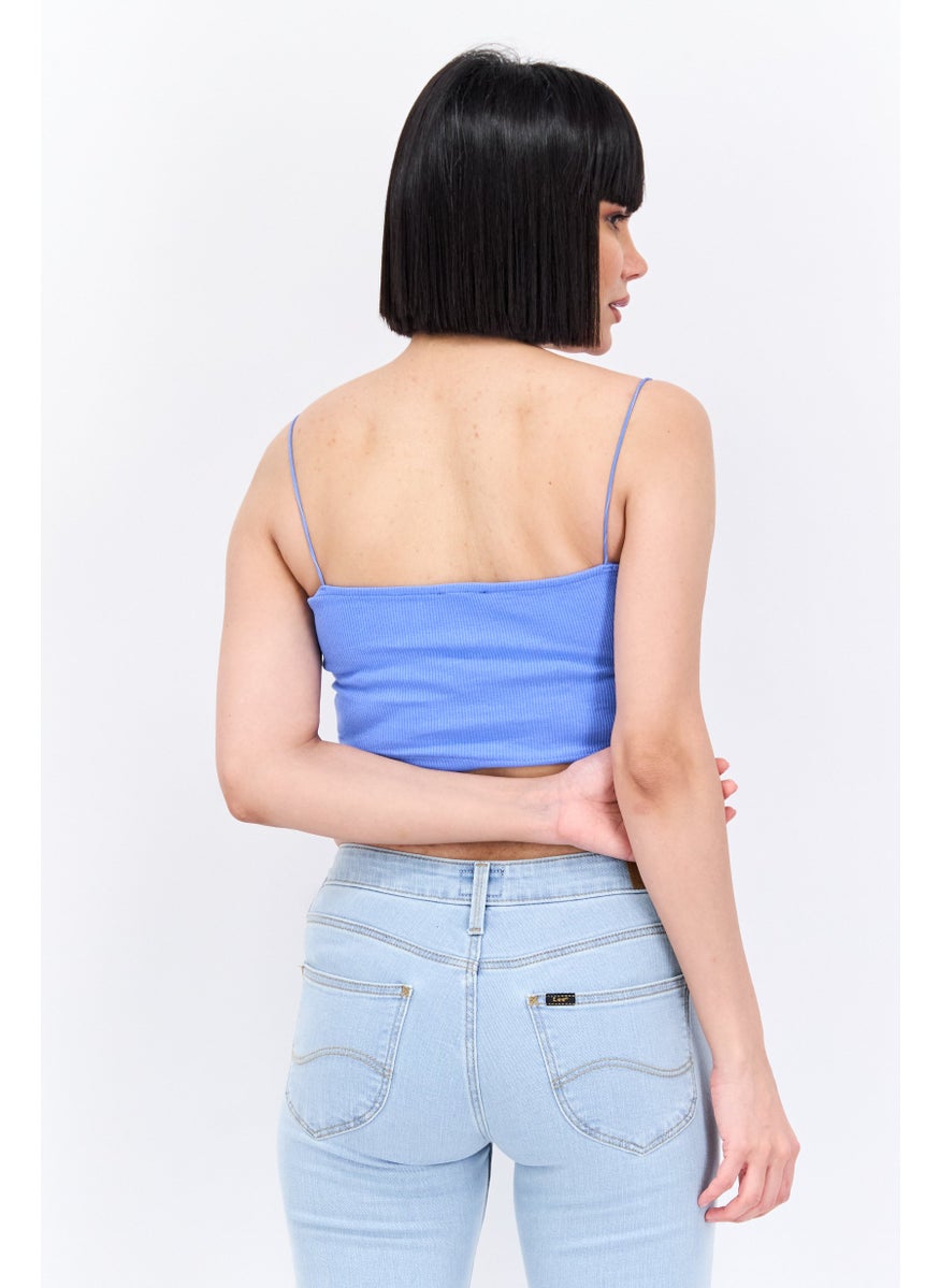 UNDIZ - Women Square Neck Sleeveless Ribbed Crop Top, Blue - Image 1