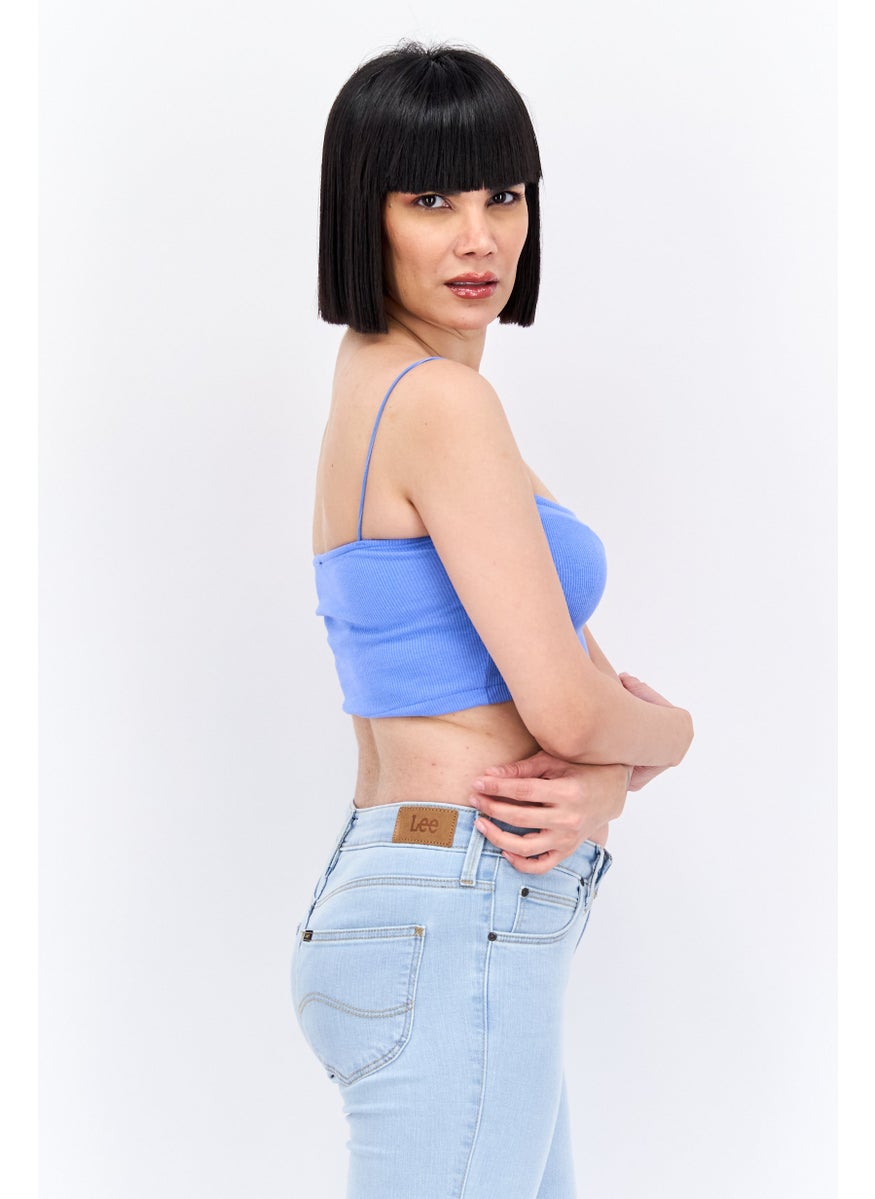UNDIZ - Women Square Neck Sleeveless Ribbed Crop Top, Blue - Image 1