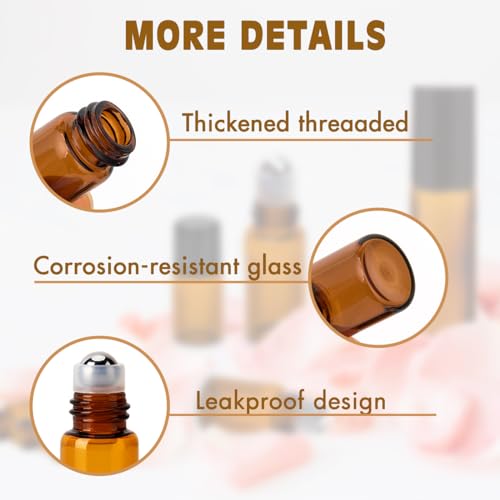 ZEJIA 3ml Roller Bottles 12Pack Amber Thick Glass Essential Oil Bottles with Stainless Steel Roller Ball and 2 Droppers - Image 4