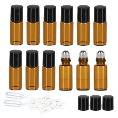 ZEJIA 3ml Roller Bottles 12Pack Amber Thick Glass Essential Oil Bottles with Stainless Steel Roller Ball and 2 Droppers - Image 1
