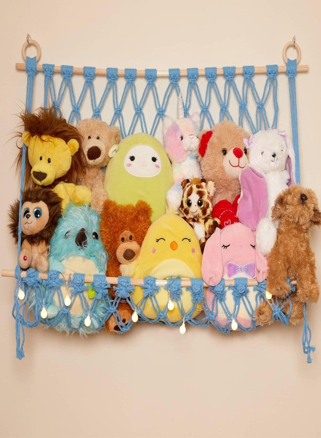 Urooz Stuffed Animal Macrame Hammock Display Swing w/String Lights | Large Boho Style Rope Net Holder for Kids Toys | Hanging Corner Nursery Storage Organizer for Your Plushie Pets | Light Blue - Image 1