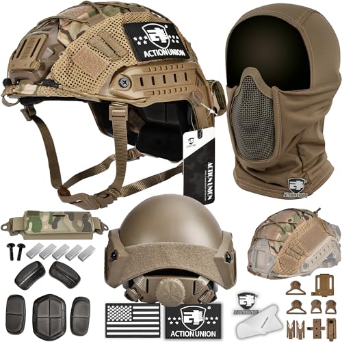 ACTIONUNION Airsoft Helmet and Mask Pro Set Tactical Paintball Helmet and Balaclava Mesh Mask MH Type with Counterweight (Tan, Medium) - Image 1