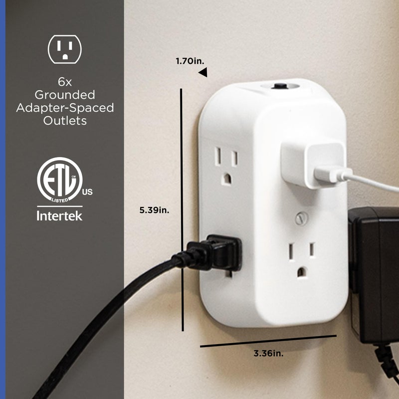 GE 6-Outlet Extender, Grounded Wall Tap, Reset Button, Circuit Breaker, Adapter Spaced Outlets, 3-Prong, Multiple Plug, Quick and Easy Install, Cruise Essentials, ETL Listed, White, 56575 - Image 2