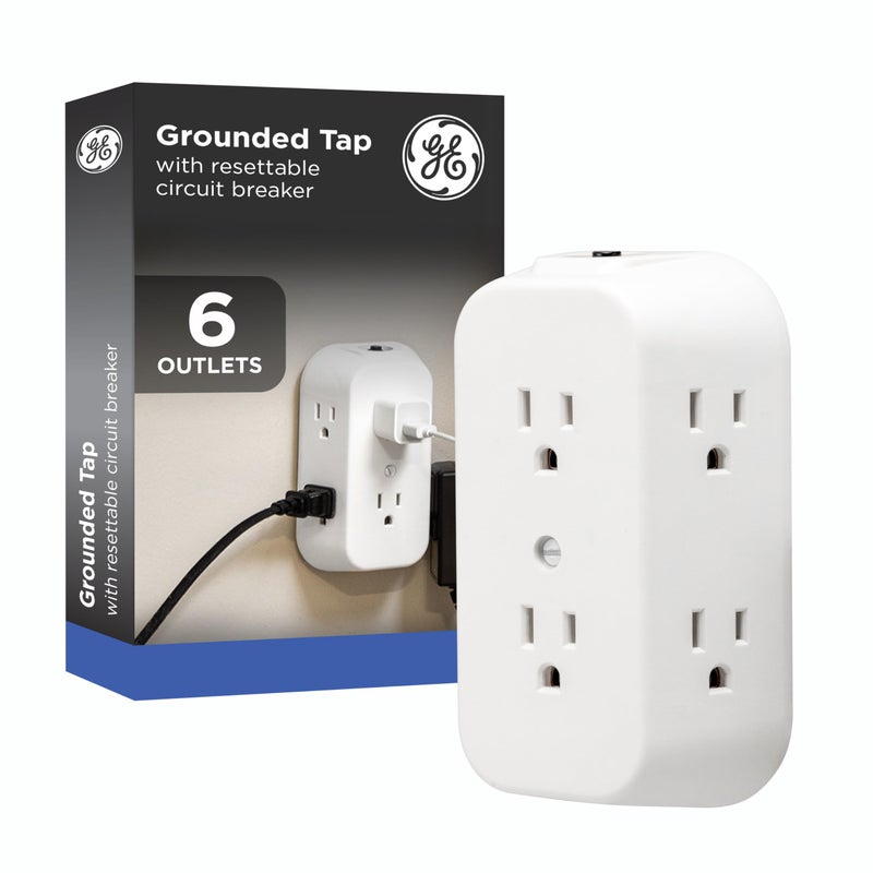 GE 6-Outlet Extender, Grounded Wall Tap, Reset Button, Circuit Breaker, Adapter Spaced Outlets, 3-Prong, Multiple Plug, Quick and Easy Install, Cruise Essentials, ETL Listed, White, 56575 - Image 1
