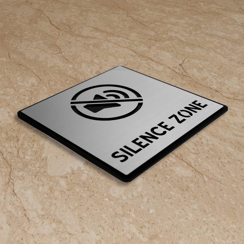 BerryBox Premium Brush Finish Square Silver Acrylic Silence Zone Door Sign Easy to Mount 3M Self-Adhesive Tape 5.8 Inch Signage for Office Corporate Hospital Business - Image 3