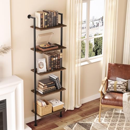 Acovy 5-Tier Bookshelf Solid Wood Ladder Shelf, Narrow Book Shelf Display Shelf, Wooden Bookcase, Wall Mount Ladder Shelf, Storage Rack for Living Room, Bedroom, Industrial Style, Dark Brown - Image 2